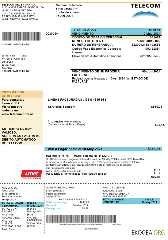 Modèle de facture de services publics d'Argentine Telecom au format Word et PDF entièrement modifiable, bon pour prouver l'adresse